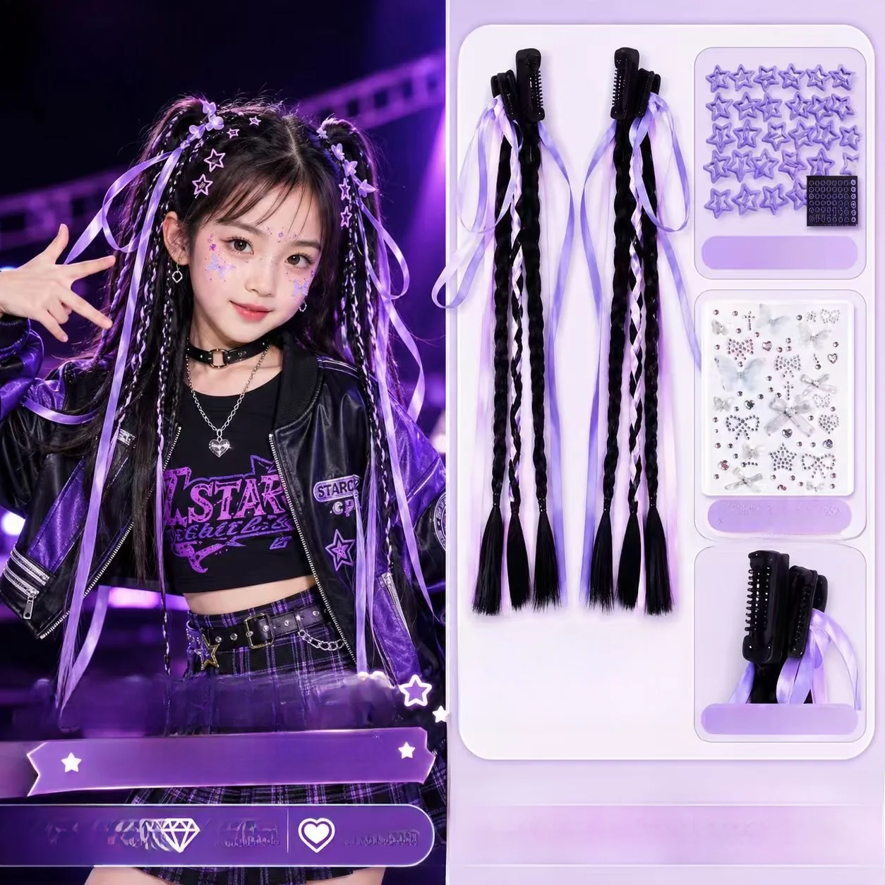 acessorios-de-cabelo-para-meninas-trancas-coloridas-cordas-para-danca-de-rua-clipes-de-cabelo-estrela-e-adesivos-faciais-p