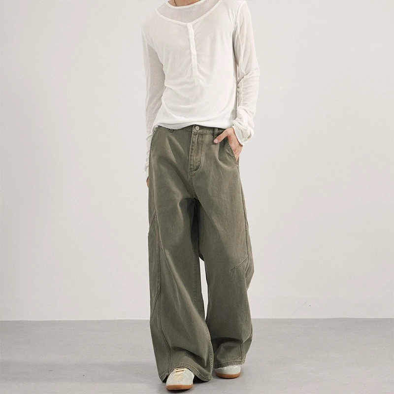 Men's Denim Pants New Deconstruction Solid Color Vintage Drape Bottom Straight Wide Leg Cleanfit Male Jeans