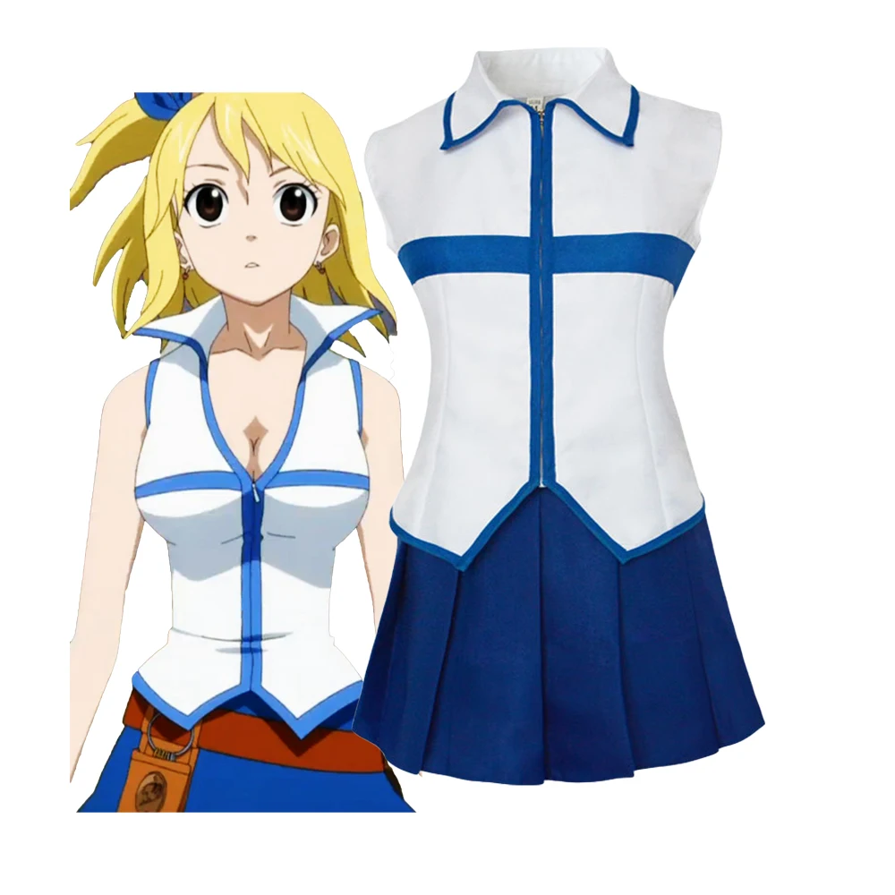 

Lucy Heartfilia косплей белый топ синяя юбка костюм униформа с головным убором для женщин Хэллоуин карнавальное маскировочное платье