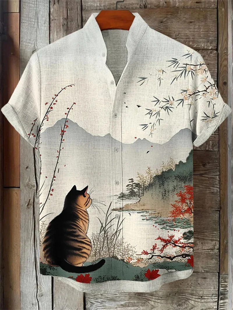 

New Men's Summer Linen Short Sleeve Shirt Vintage Animal Art 3D Turtle Printed Short Sleeve Shirt Casual Top Shirt