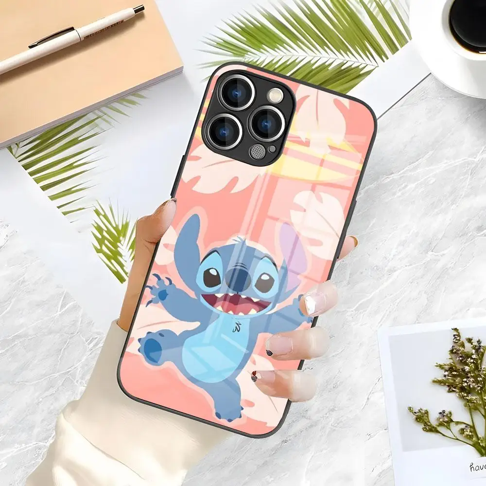 

Чехол для телефона L-Lilo Stitch для iPhone 16 Pro Max 15 14 13 Mini 12 Pro 11 XS Max 7 8 Plus, черный стеклянный чехол