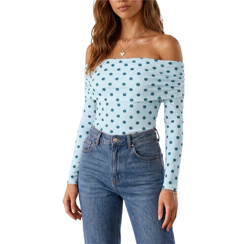 Women's T-Shirt Summer Vintage Polka Dot Off Shoulder Long Sleeve Slim Fit Casual Fashion Elegant Trendy