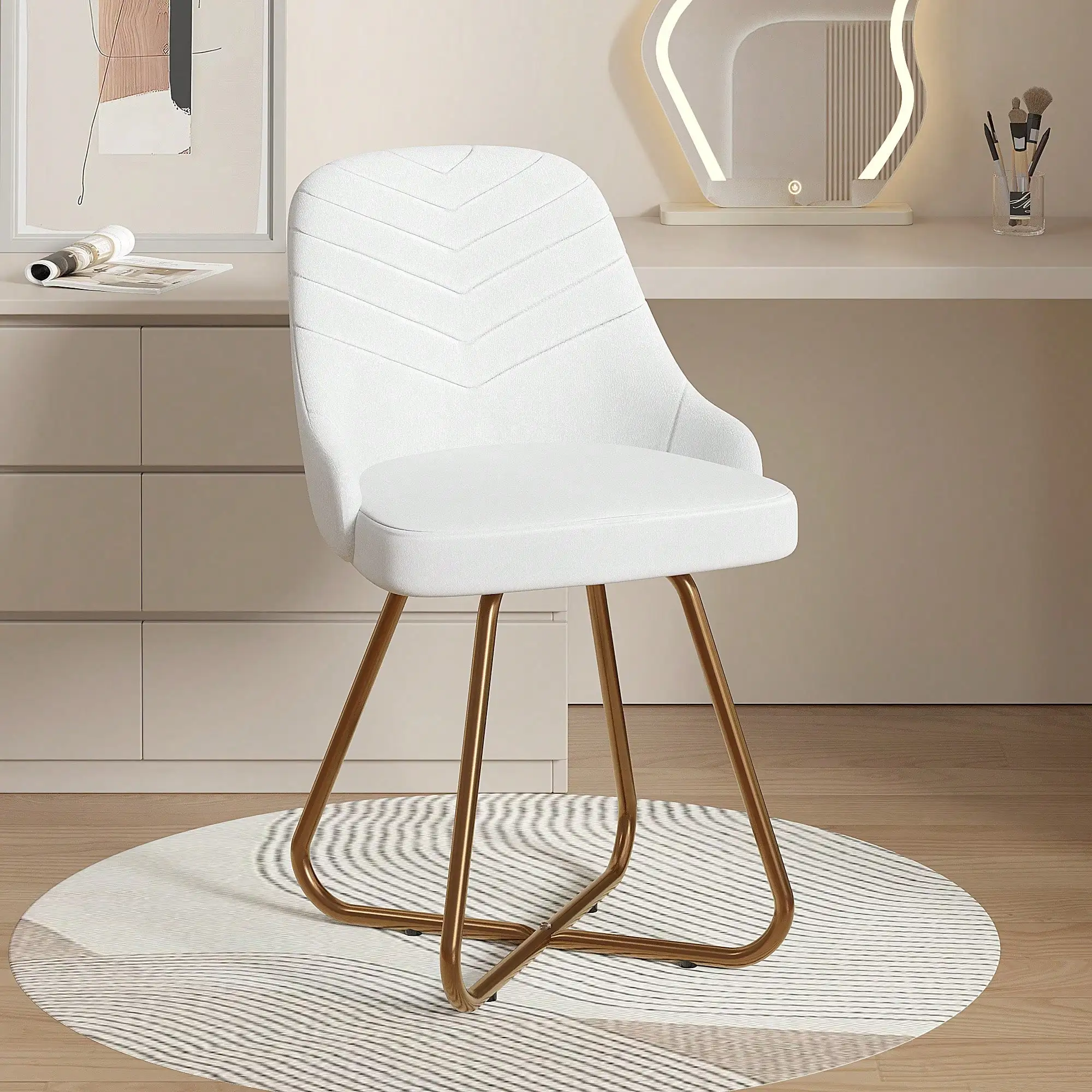 VECELO Flocked Vanity Chair With Gold Legs, Modern Vanity Stool & Makeup Chair For Small Spaces, Upholstered Dressing Table Chair