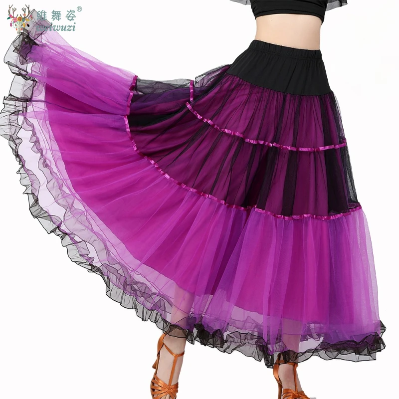 ผู้หญิง Flamenco โมเดิร์นห้องบอลรูมเต้นรํา Big Swing กระโปรงสังคมเต้นรําครึ่งกระโปรงประสิทธิภาพสแควร์ตาข่ายครึ่งฝึกชุดยาว