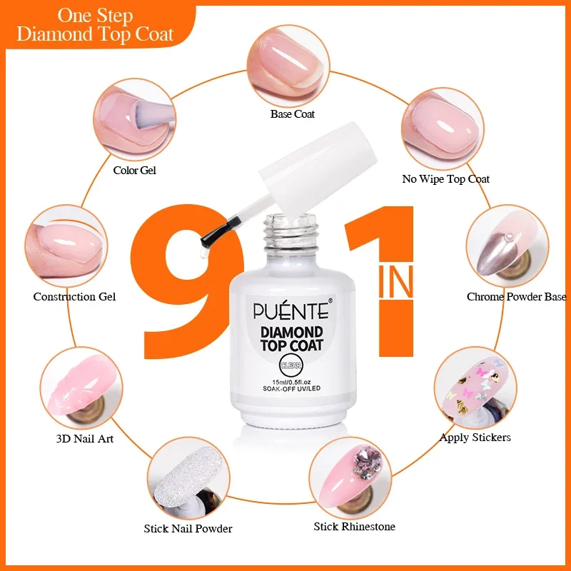 15ML 9-IN-1 Function Diamond Top Coat Gel Nail Polish One Step Base Top Coat Construction Gel Chrome Powder Base UV Nail Varnish