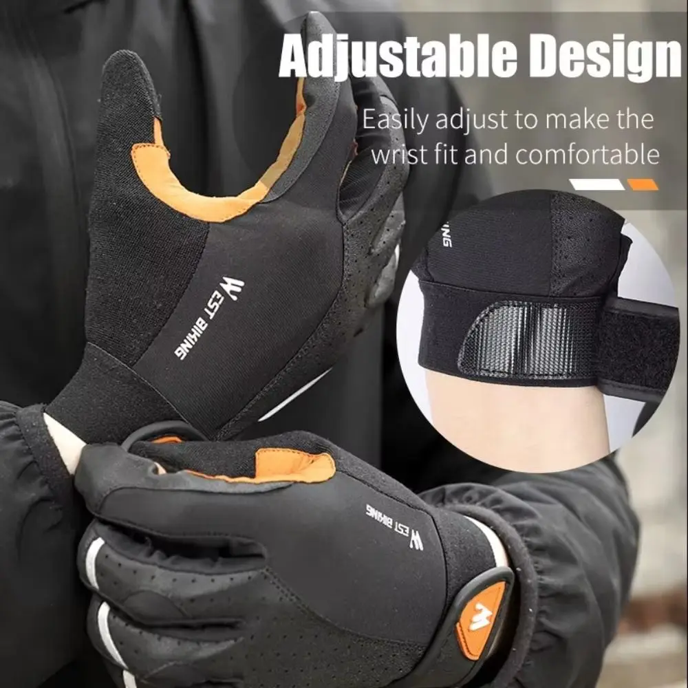 LYCRA PU Leather Motorcycle Riding Gloves Black+Brown Breathable Full Finger Mittens Nonslip Wear-resistant Touch Screen Glove