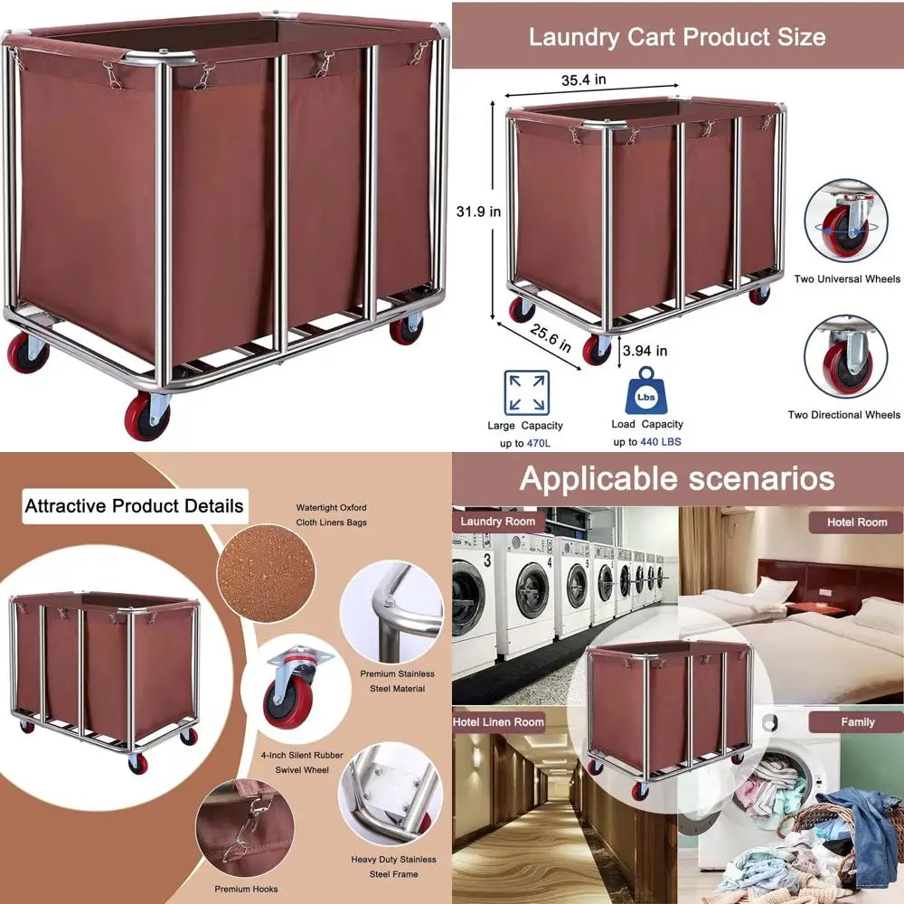 

Промышленная тележка для белья на колесиках емкостью 470 л с водонепроницаемым мешком и стальной рамой для домашнего использования в отеле и больнице