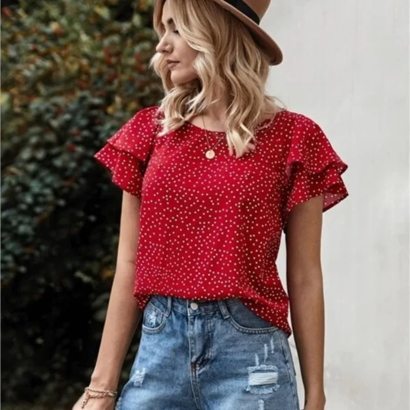 2025 sommer Neue Tunika Tops Für Frauen Kurzarm Polka Dots Bluse Arbeit Urlaub Hemd Casual O Neck Blusas Weibliche Chemise Mujer