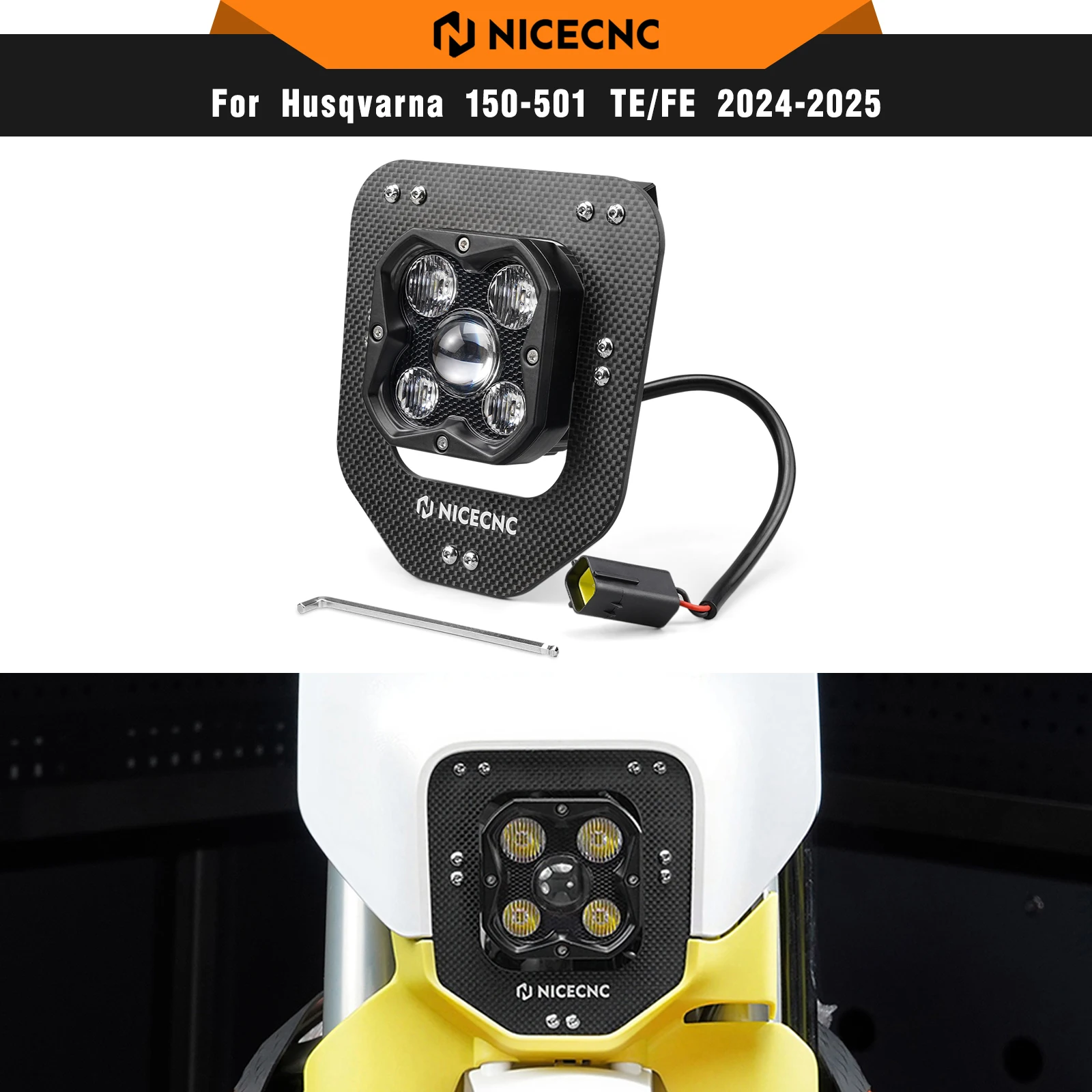NICECNC For Husqvarna TE 300 2024 2025 TE 250 FE 350 FE 450 FE 501 Motorcycle Carbon Fiber LED Headlight Adjustable Headlamp
