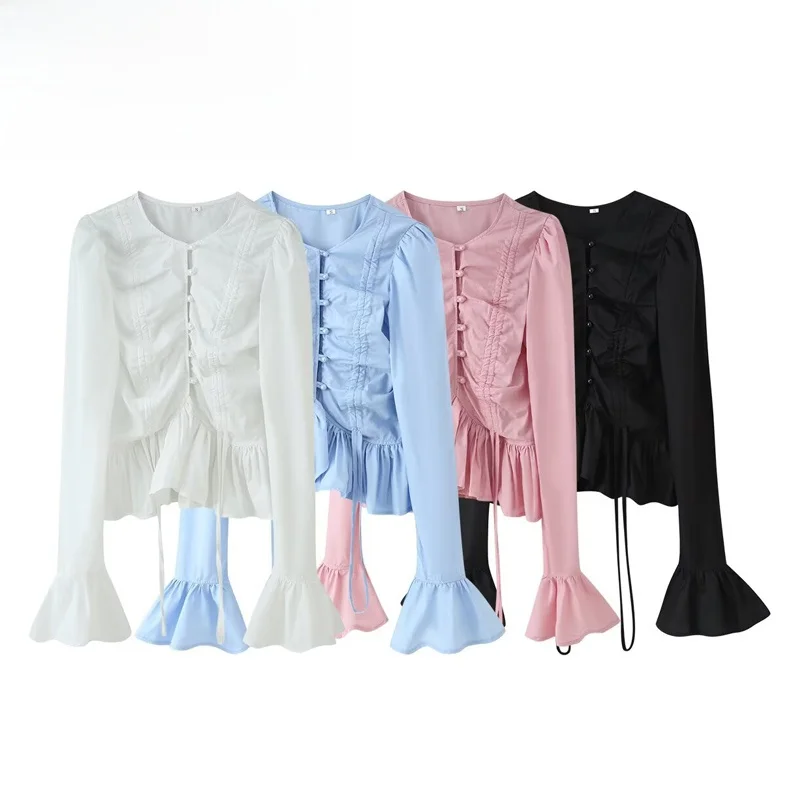 Fashionable Long Sleeve Women's T-shirt Drawstring Bell Bottoms Versatile Personality Breathable Polyester round Neck Summer Top
