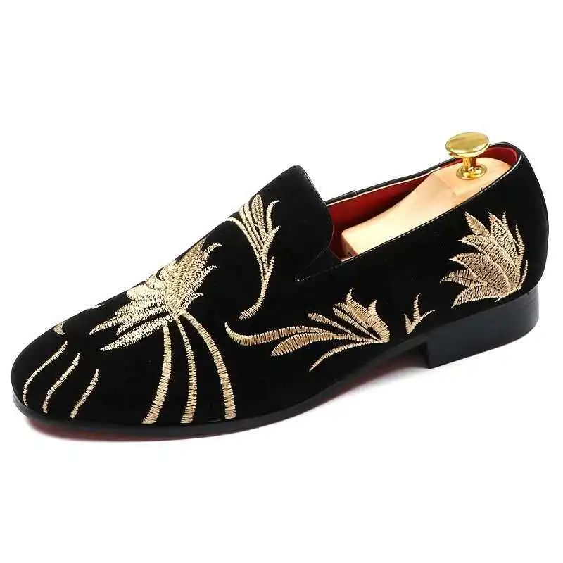 Suede Men's Shoes Embroidery Butterfly Printing Loafers Pointed Toe Black Party Wedding Formal Attire Shoes Men Flat Heels 38-48