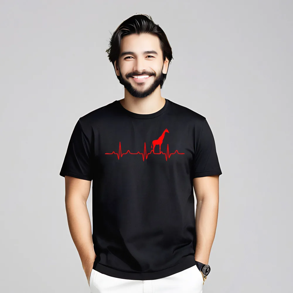 Tops Tees Tee Shirts Giraffe Heartbeat T-Shirt - Funny Christmas Short Sleeve Pure Cotton O Neck Mans T-Shirt Letter Loose