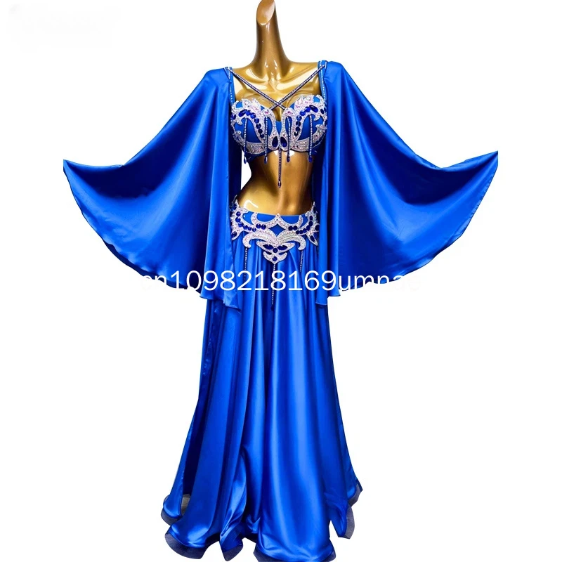 Belly Dancer Competition Costume Advanced Custom AB Stones Tassel Bra + Sexy Long Skirt Popsong Oriental Dance Performance Suit