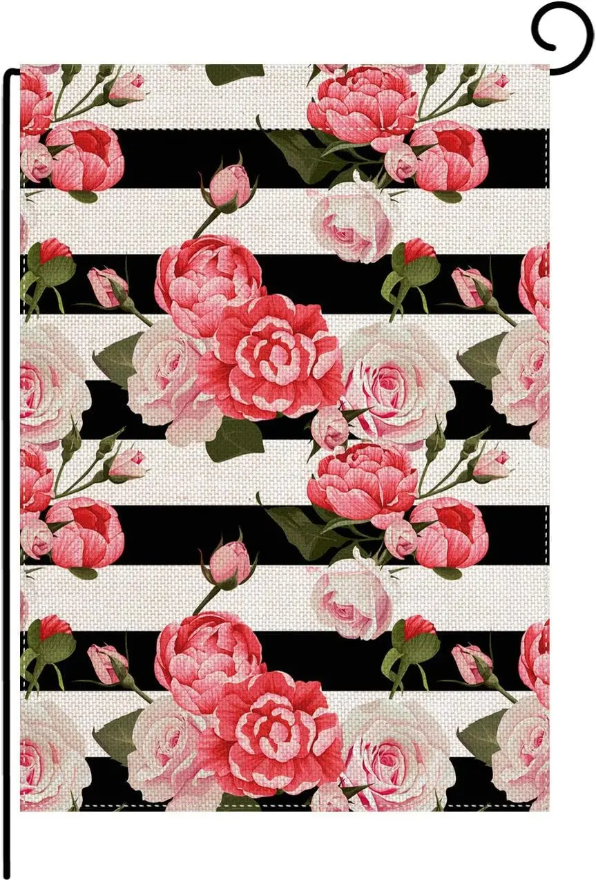 Home Decorative Outdoor Peony And Roses Garden Flag Burlap Double Sided, Primitive Garden Decorations, Black and White Strip jjp