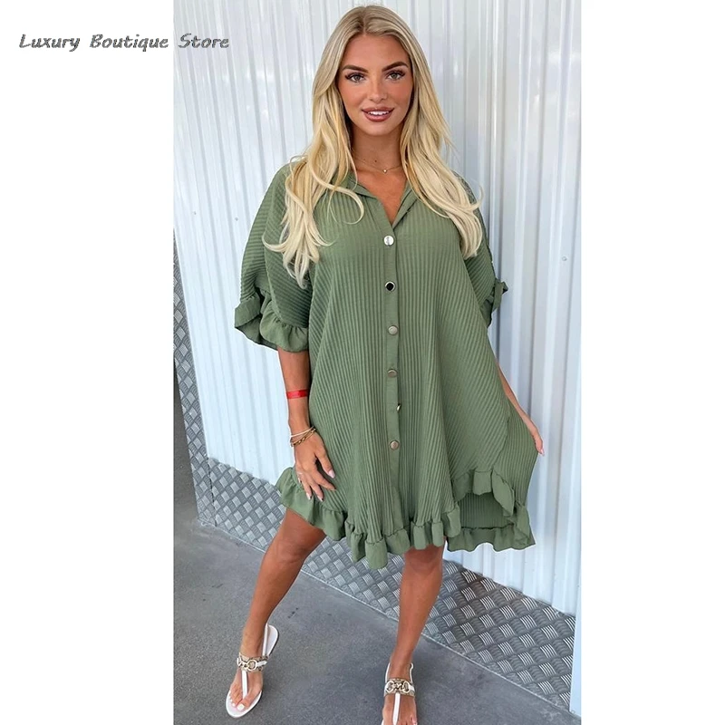 2024 New Ruffle A-line Casual Women Dress Short Sleeve Single Breasted Fashion Elegant Loose Pleat Short Summer Dress For Lady