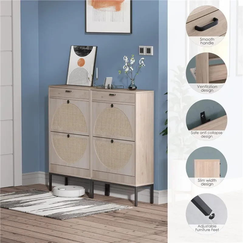 New Chinese Style Rattan Tipping Bucket Shoe Cabinet Retro Iron Leg Narrow Entryway Storage Two Tier Organizer for Home