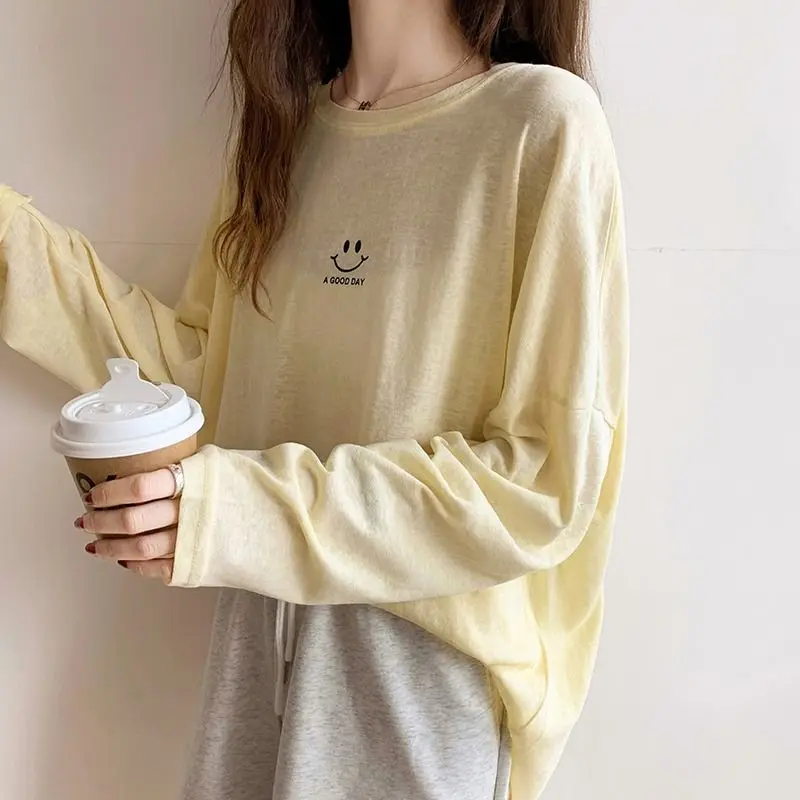 Summer New White Ice Silk Letter Print Thin T Shirts Long Sleeve Solid Color Loose Casual Tops Tees Fashion Trend Women Clothing