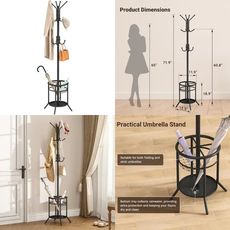 

Coat Rack Freestanding, Metal Coat Rack Stand with Umbrella Holder, Modern Coat Tree with 12 Hooks, Floor Standing Corner Hall