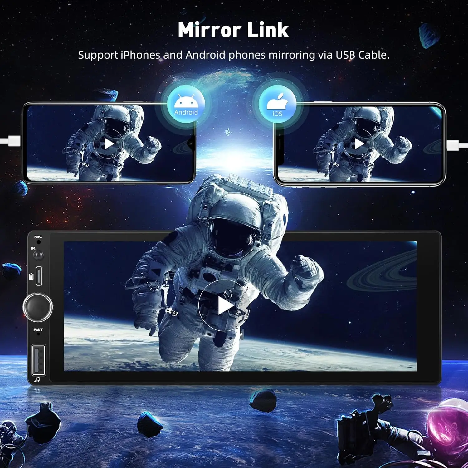 ستيريو سيارة بشاشة لمس 6.86 بوصة مع CarPlay Wireless Android Auto، Bluetooth، FM، USB-C، AUX، TF، EQ، كاميرا احتياطية