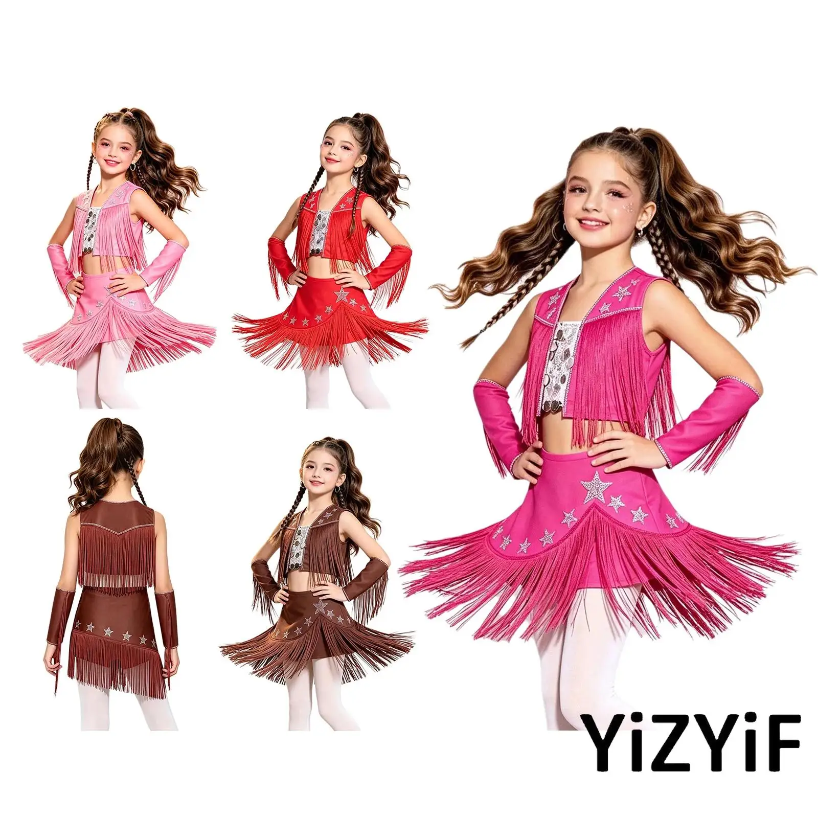Kids Girls Jazz Ballet Dance Costume Set Tassel Suit Sleeveless Sequin Rhinestone Tops+Skirt with Built-in Shorts and Oversleeve