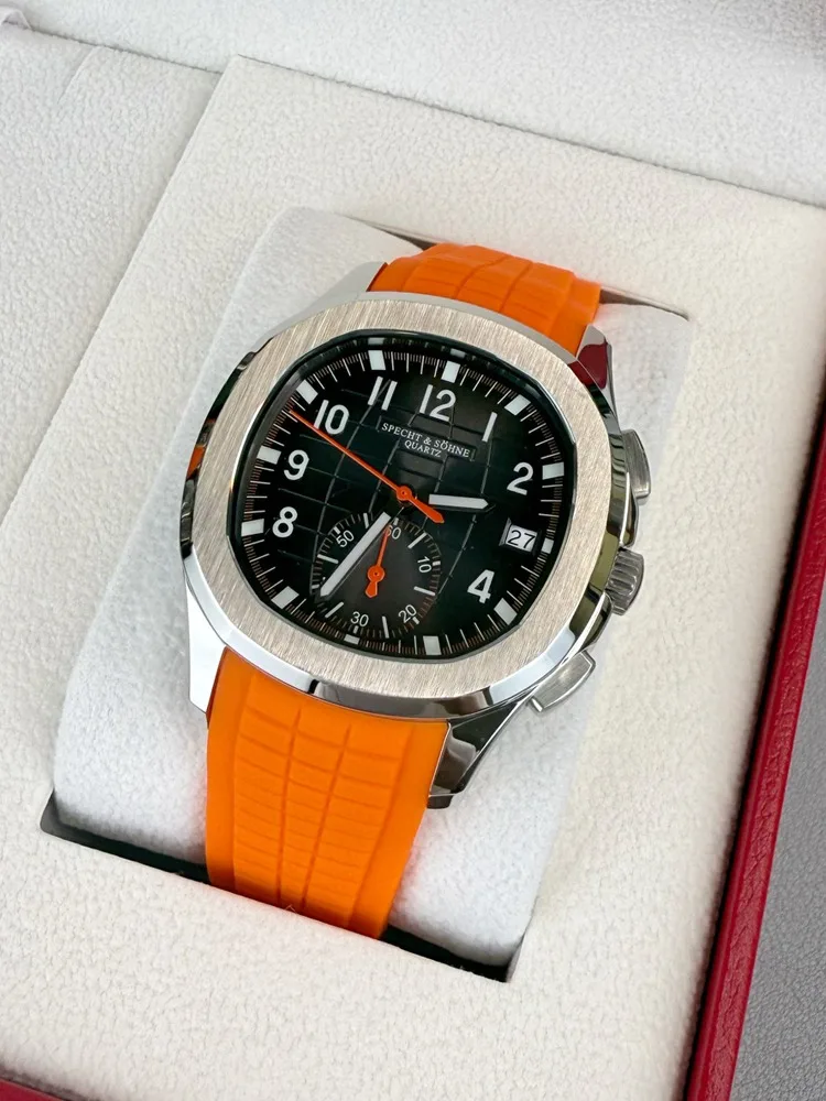 Specht&Sohne Sports Watches For Men Orange Top Brand Luxury Rubber Stainless Steel Chronograph Quartz Wristwatch 50M Waterproof