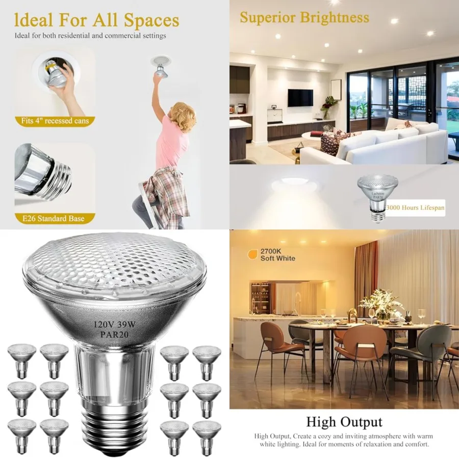 

PAR20 39W Halogen Flood Light Bulbs 12PCS, 120V, E26 Medium Base, 2700K Warm White Dimmable for Indoor Spotlight, Range Hood Re