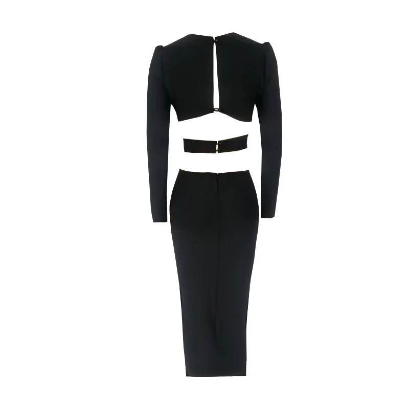 Vrouwen Midi Bandage Jurk V-hals Split Uitgesneden Elegante Bodycon Sexy Mode Volledige Mouw Jurken Club Avondfeest vestidos