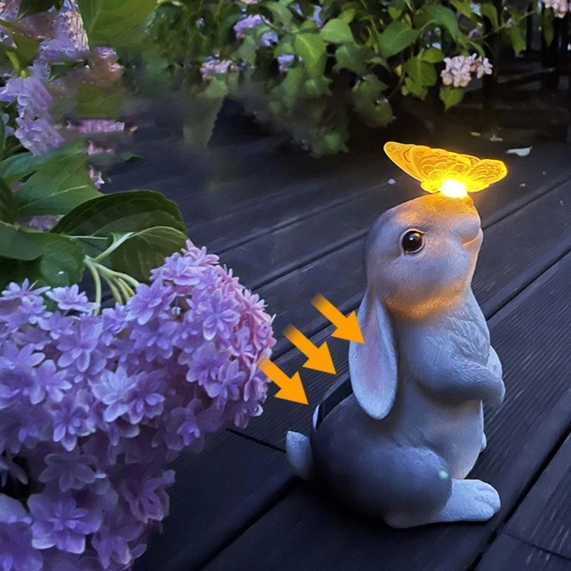 Garden Outdoor Decoration Dog Rabbit with Solar Butterfly Light Garden Figurines for Animal Lover Patio Yard Lawn Porch