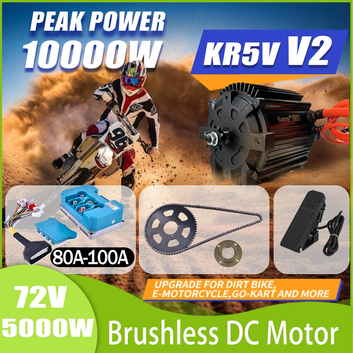 KR5V Razor Motor Dirt Bike Conversion Kits DC Engine 72V 5000W High Torque Electric Motor for MX Bike/Go-karts Peak Power 10KW