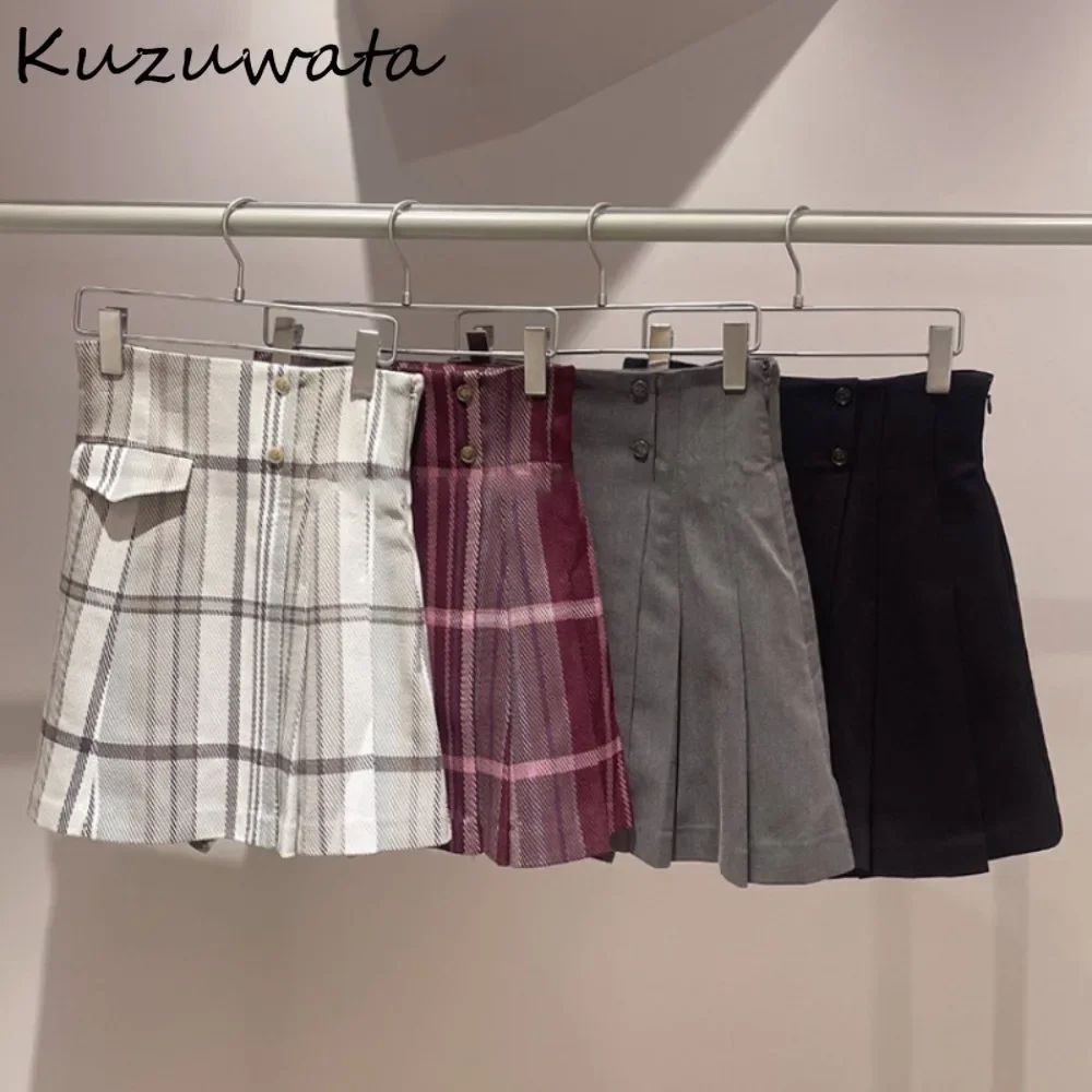 Kuzuwata New High Waist Slim Fit All-match Skirt Women A-line Plaid Pleated Short Faldas Japanese Patchwork Ruched Mujer Faldas