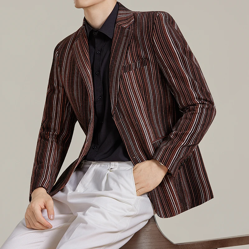

5XL-M Fashion Flocking Blazer Jacket Men Clothing 2025 High Quality Business Casual Men's Striped Blazers Slim Fit Suit Coat Man