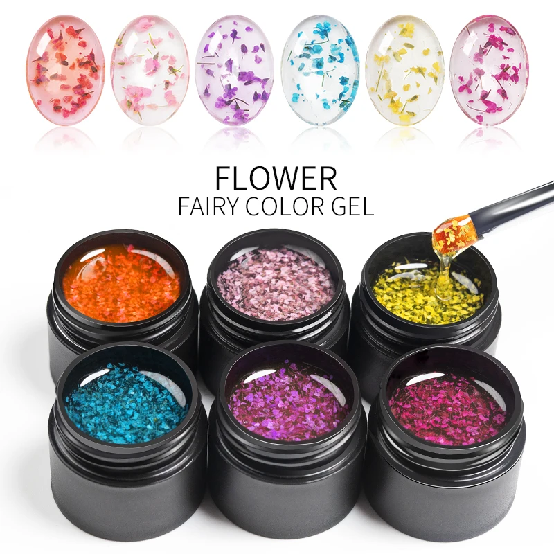 

PUENTE 5ml Flower Fairy Gel Nail Polish Pink Purple Blue Natural Dried Flower Nail Art Gel Soak Off UV Semi-Permanent Varnish