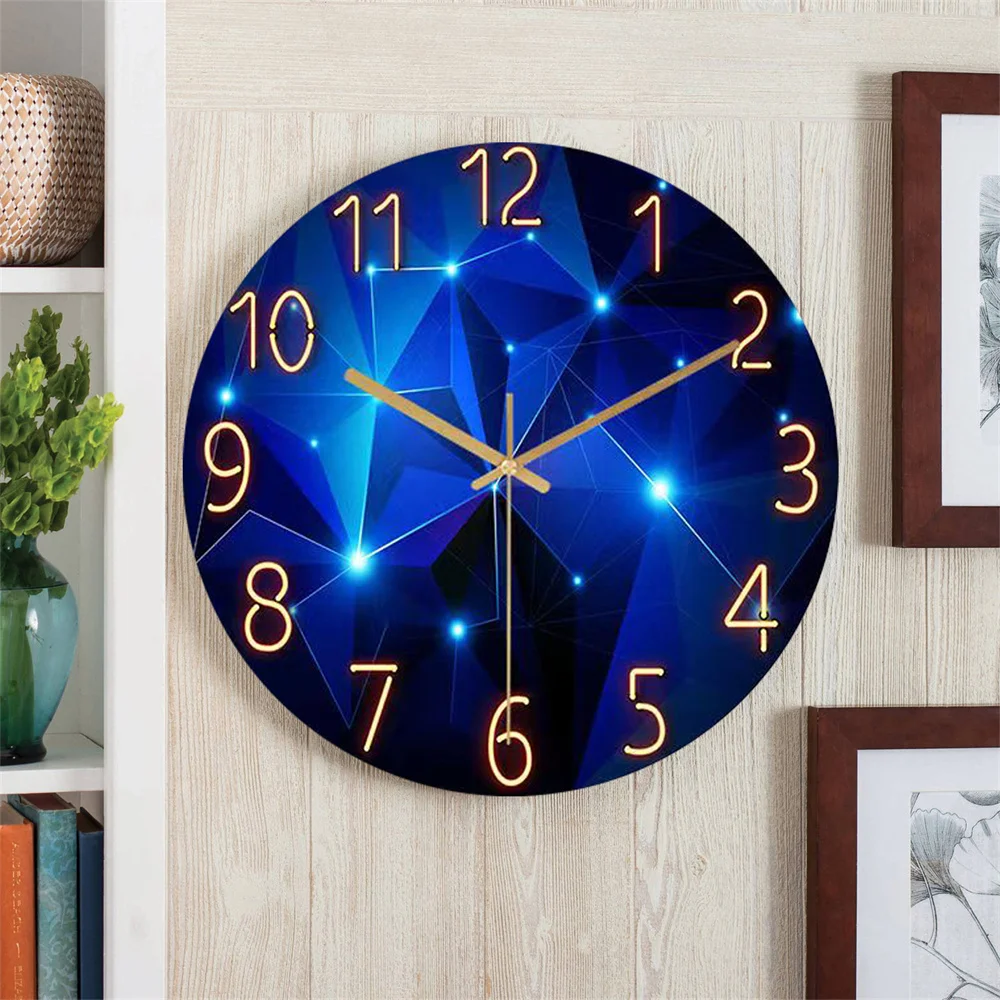 12inch Dark Blue Thickened Tempered Glass Wall Clock Geometric Elements Silent Movement Quartz Living Room Home Decor Gift