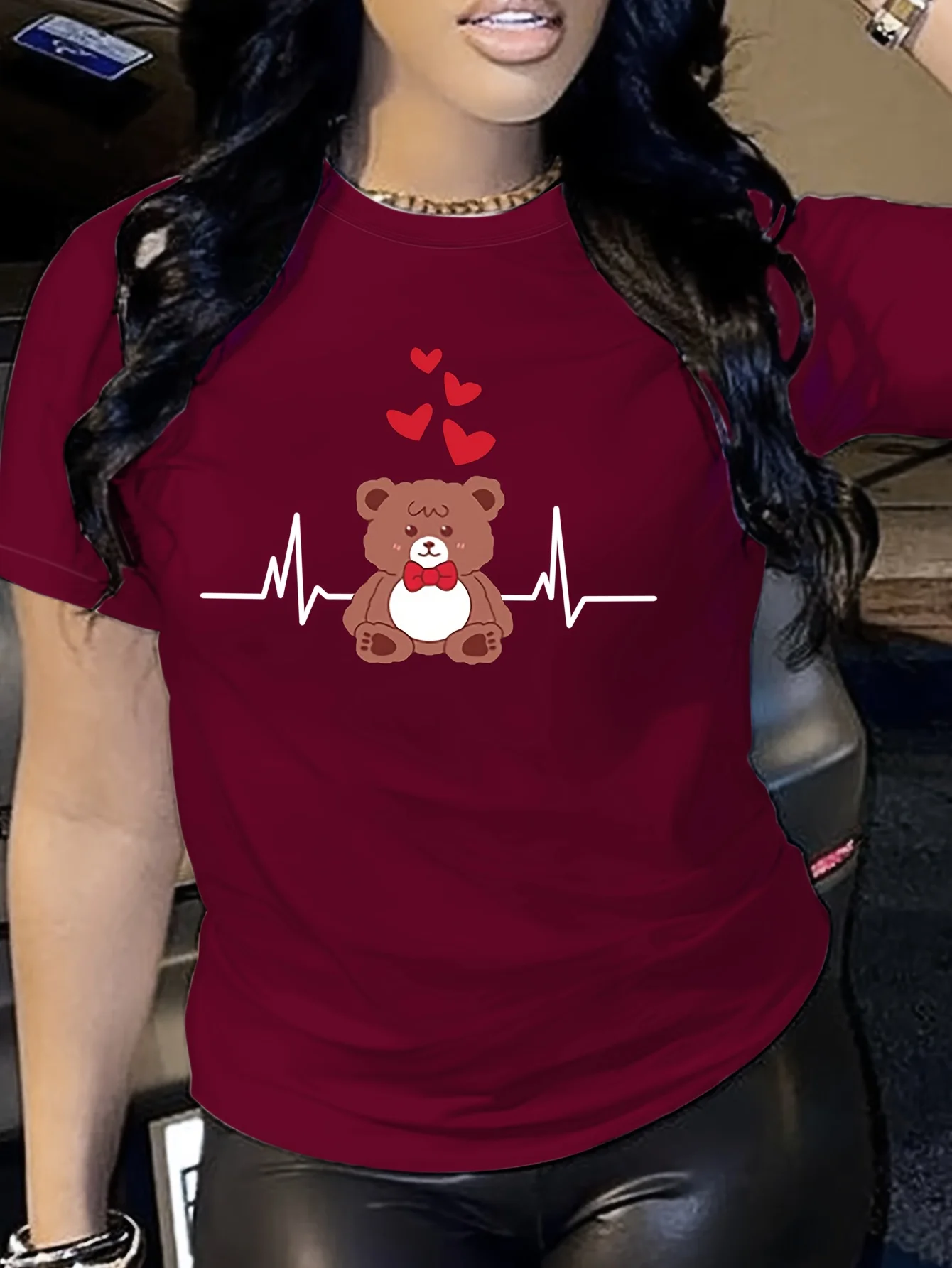 Teddy Bear Heartbeat Women's Tee - Cute Love Graphic, Casual Burgundy Top