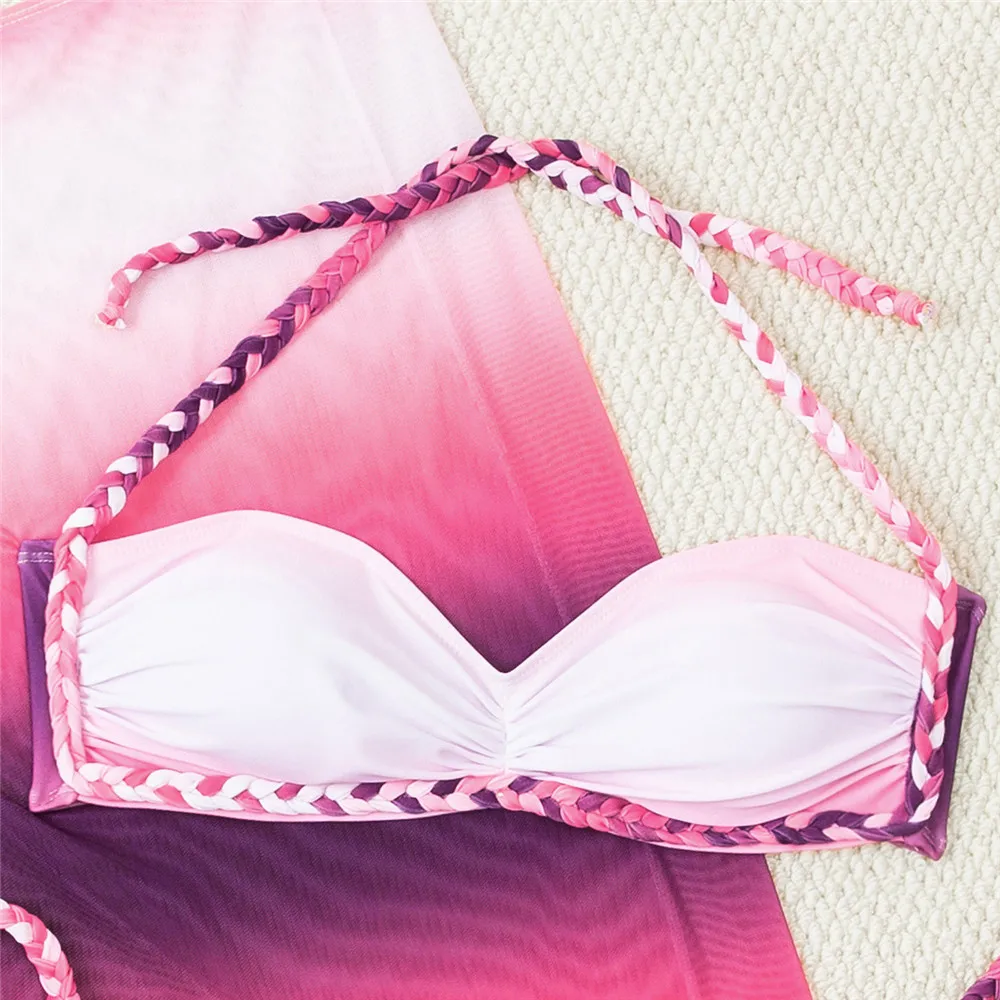 مثير الوردي التدرج تجديل حبل البيكينيات مجموعات 3 قطع ملابس السباحة التنانير التستر مايكرو ثونغ ملابس السباحة النساء 2026 بحر بيكيني #3