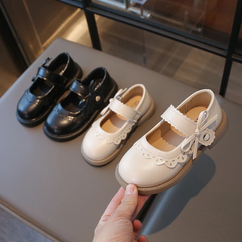 2026 New Kids Mary Jane Shoes Spring Girls School Uniform Shoes Toddler Bow Decor Children Leather Shoes Non-Slip Platform Sole