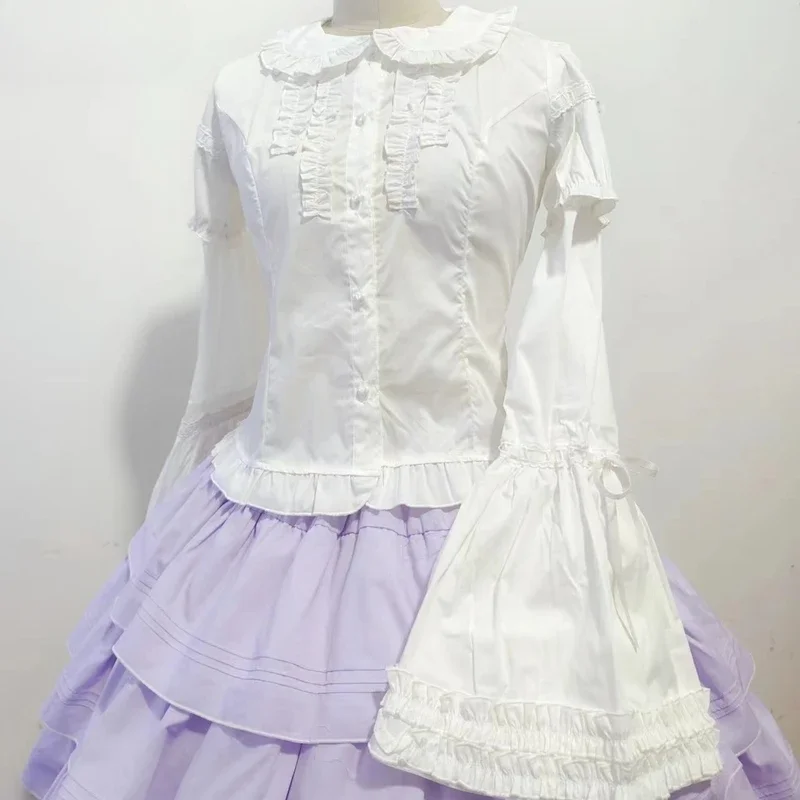 

Japanese Gothic Lolita Style Shirts Women Vintage Elegant Detachable Long Sleeves Blouses Victorian Peter Pan Collar Slim Tops