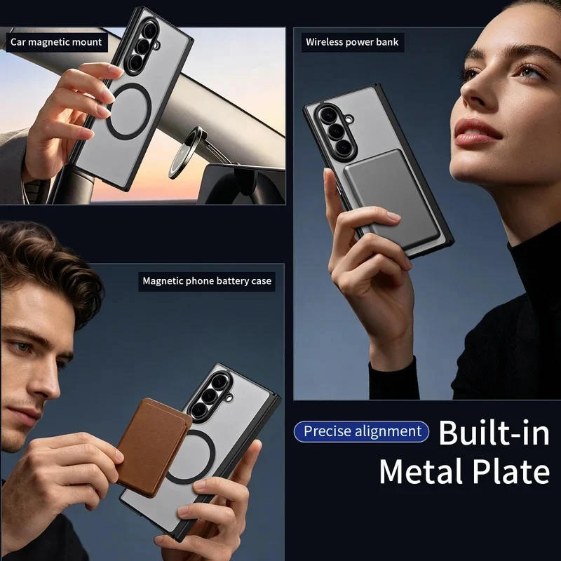 For Magsafe Magnetic Matte Phone Case For Samsung Galaxy Z Fold8 Ultra Wide 7 6 5 4 5G Wireless Screen Tempered Glass Film Cover