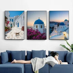 Greek Coastal Town of Santorini and Paros Canvas Prints Violet Landscape Paintings Architectural Art Wall Decorations Wall Art