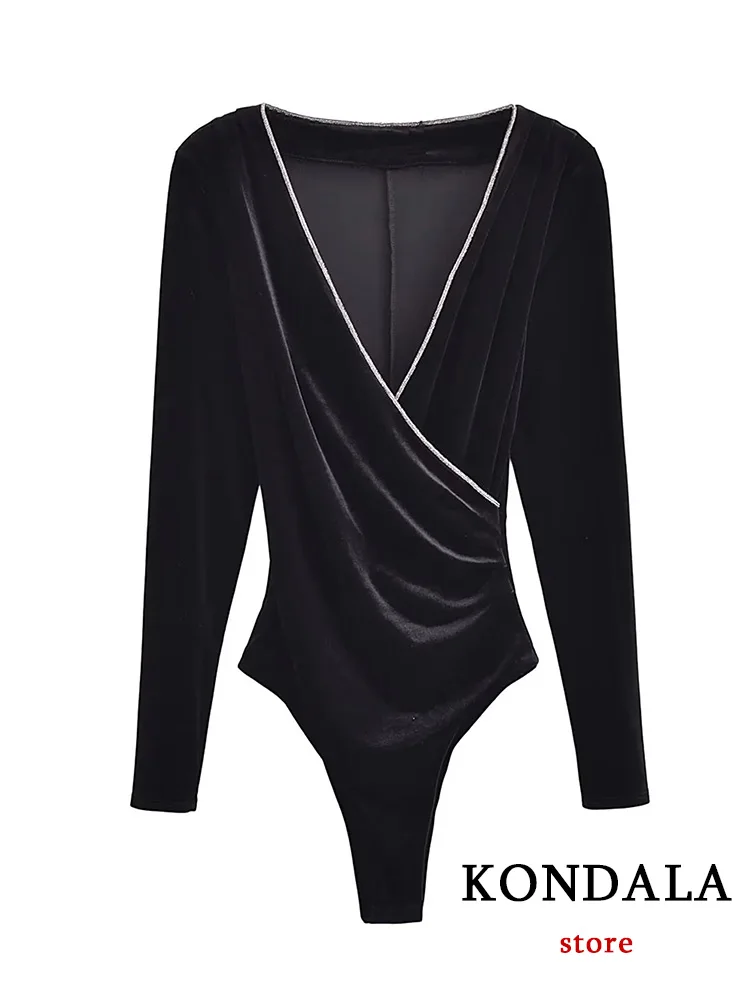 

KONDALA Sexy Vintage Bodysuits Black Solid V-Neck Long Sleeve Slim Bodysuits New Fashion 2024 Autumn Winter Female Jumpsuits