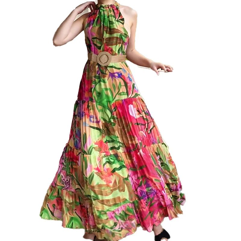 Sukienka maxi bez rękawów na lato 2025, wiązana na szyi, z odkrytymi ramionami, w stylu boho, w kwiaty, długa sukienka na plażę, moda damska.