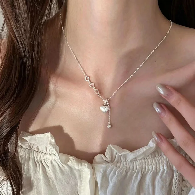 OUYADI 999 Sterling Silver Hollow Heart Tassel Necklace, Women Romantic Matte Heart Pendant Silver Neck Jewelry Gift