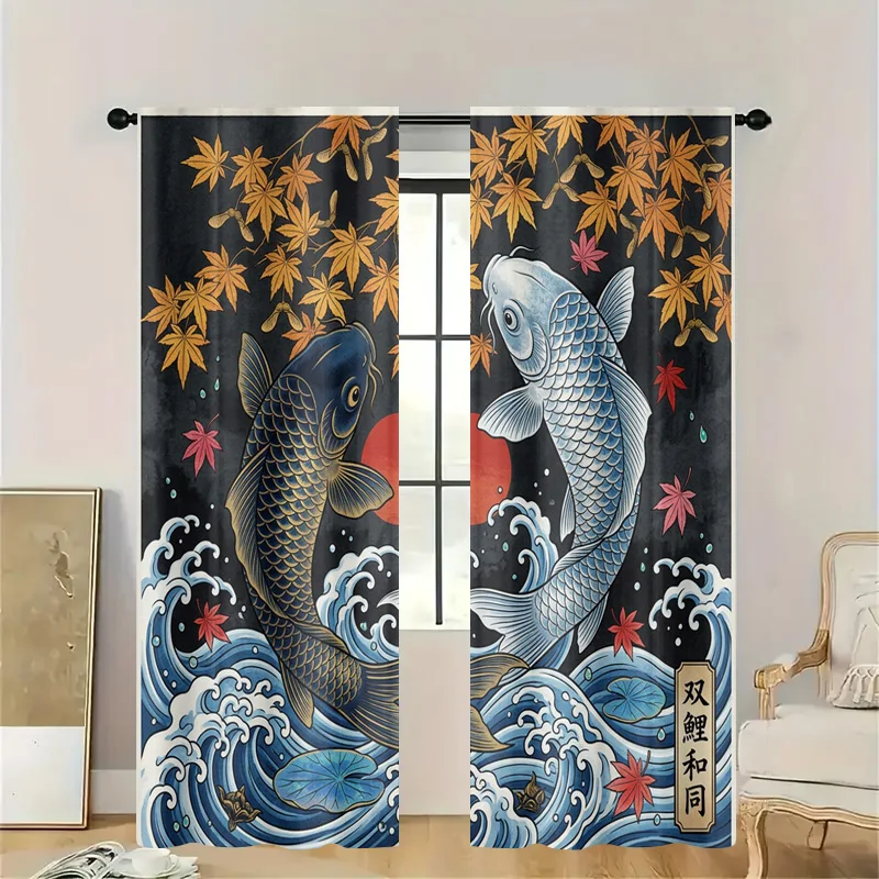 Japanese Asian Decor Curtain Panel Koi Fish Art Print Autumn Maple Leaves Wave Design Window Shade Indoor Home Decor
