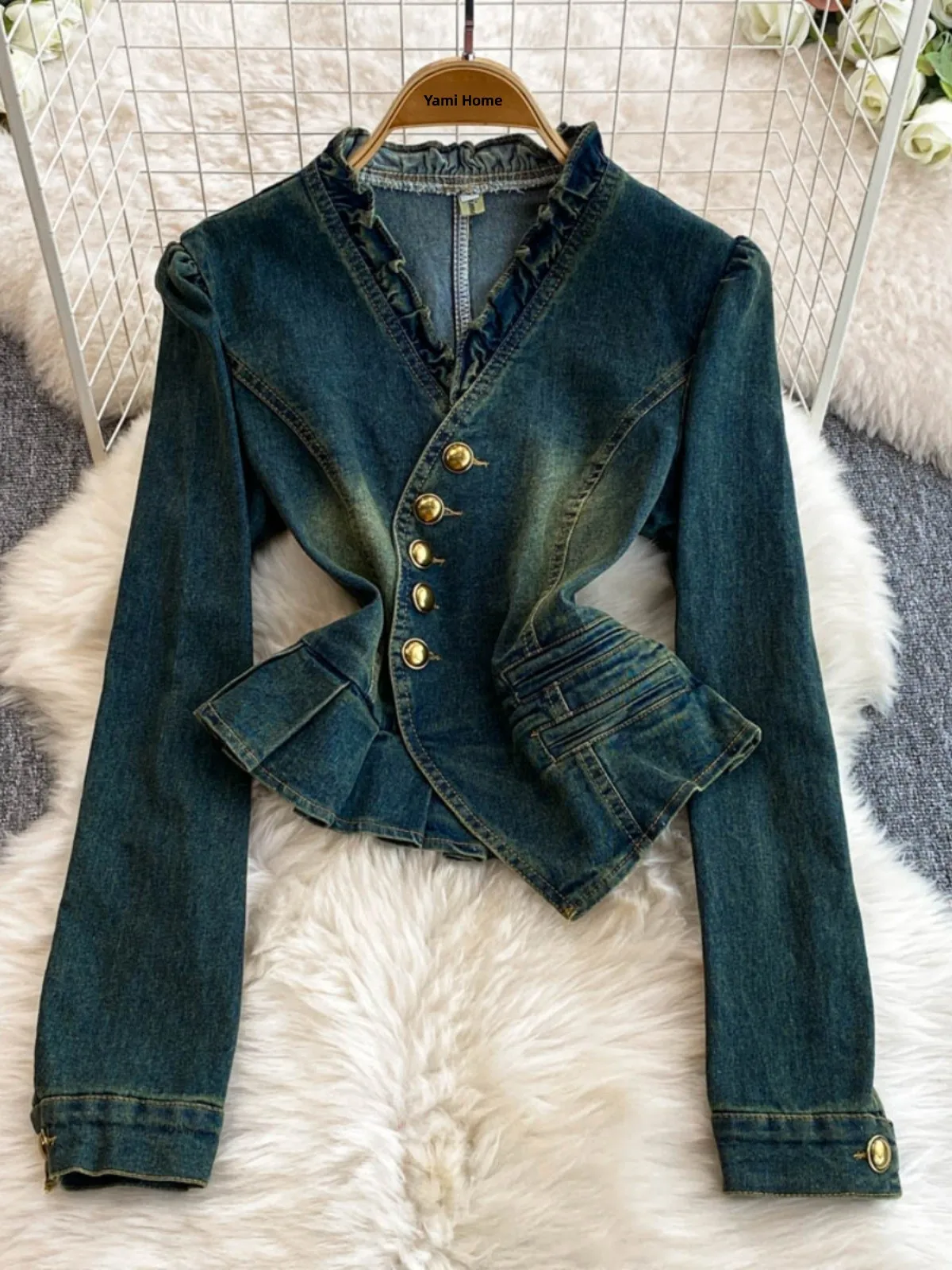 

Korean Sle V-Ne Slim Fit Two-Piece Set Women's Autumn Winter Denim Wide Leg Pants Long Sve Button up Faion Set