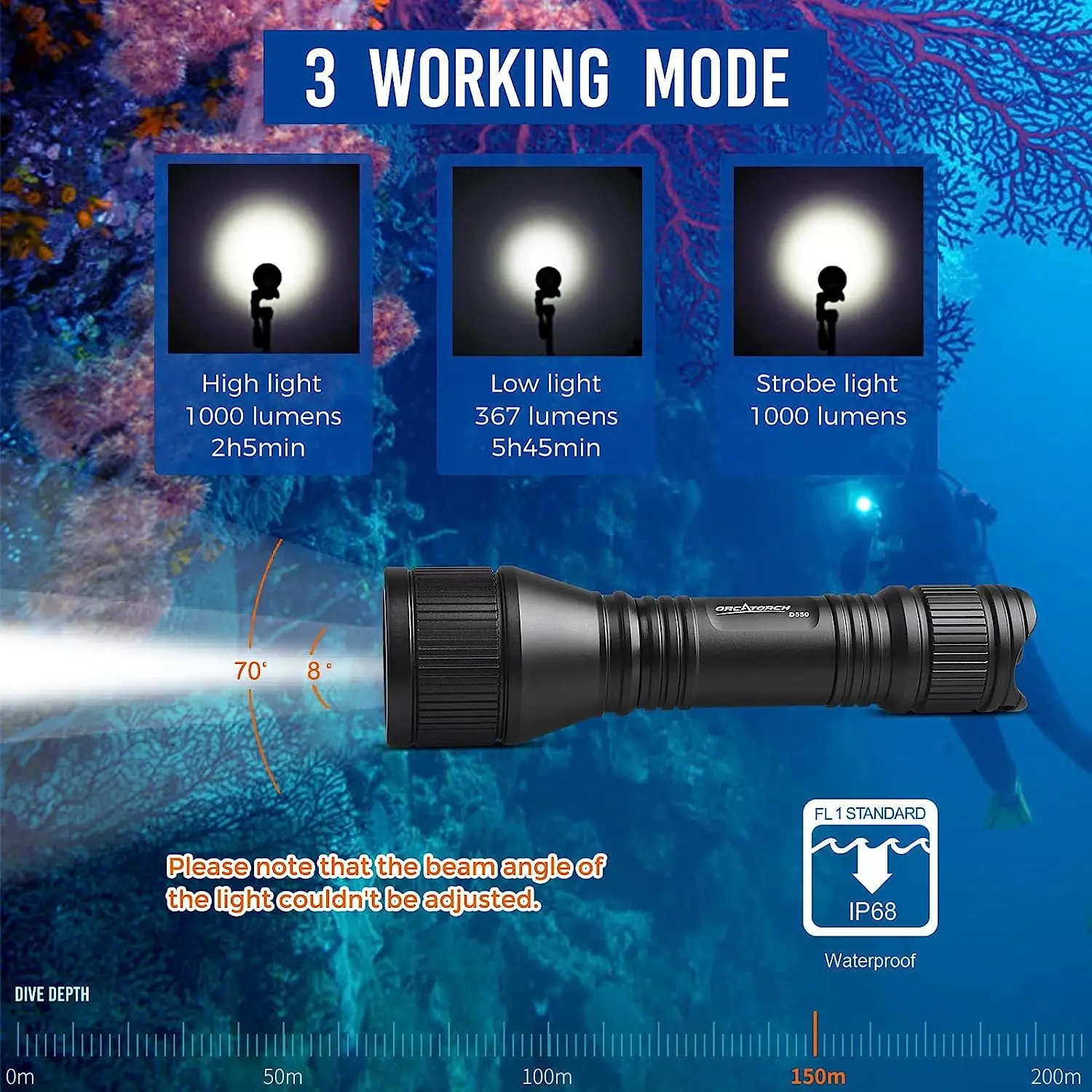 Scuba Diving Flashlight Waterproof Scuba Dive Torch Light Powerful LED Flashlights ORCATORCH D550 Professional Diving Equipment