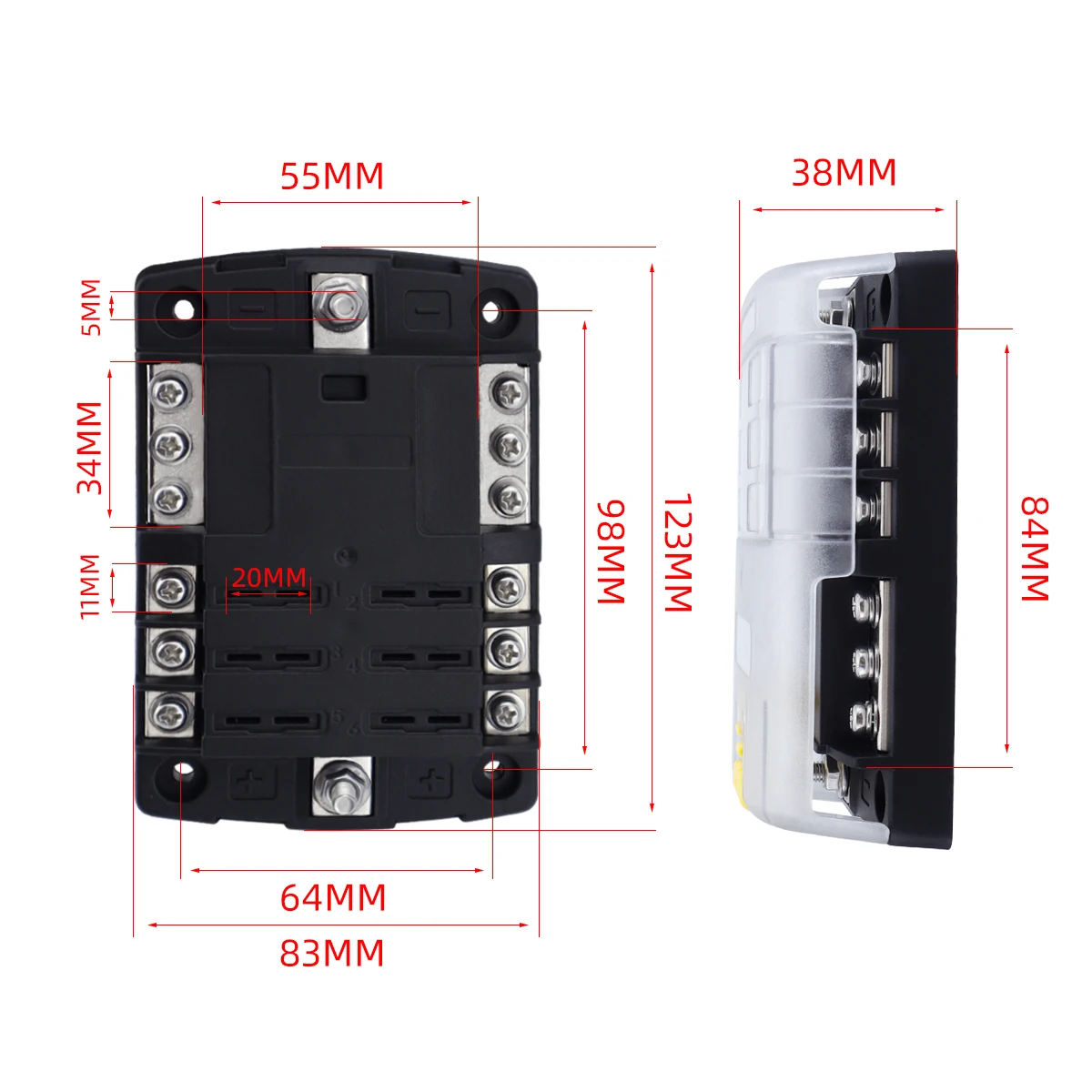 Car fuse box 1 in 6 out (with LED) indicator light, fuse box ATO multiple fuse holder, suitable for cars, trucks, ships, etc