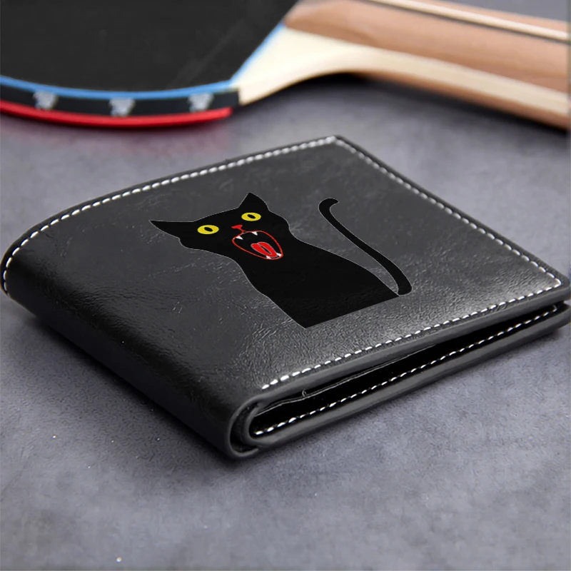 Black Cat Design Premium PU Leather Wallet for Men Lightweight Durable Business Style Compact Foldable Card Holder