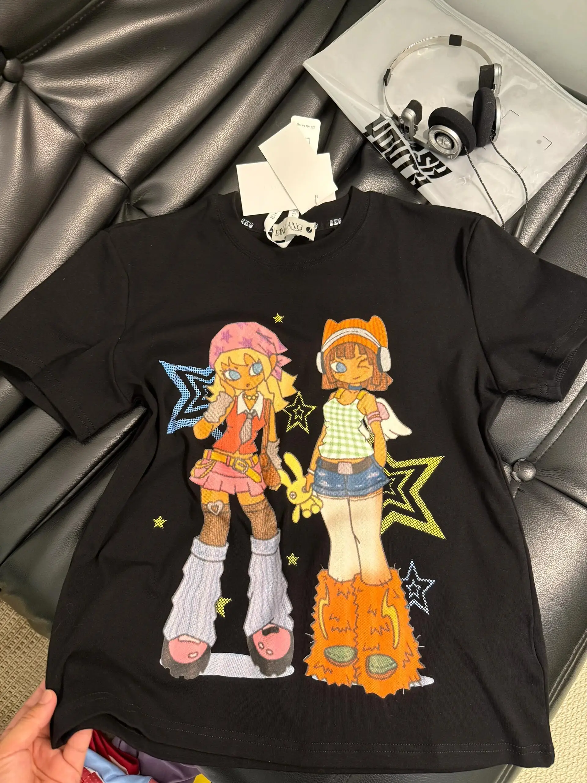 

American Retro Cartoon ort Sve Cotton T-irt Women's Summer Streetwear Pure Cotton oulder Length Top Korean Sle Loo...