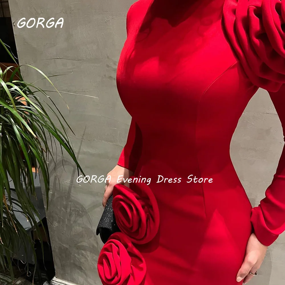 GORGA Red 3D Flowers High Neck Mermaid 2024 Slim Crepe Long Ocassion Gown Floor-Length Formal Evening Dress