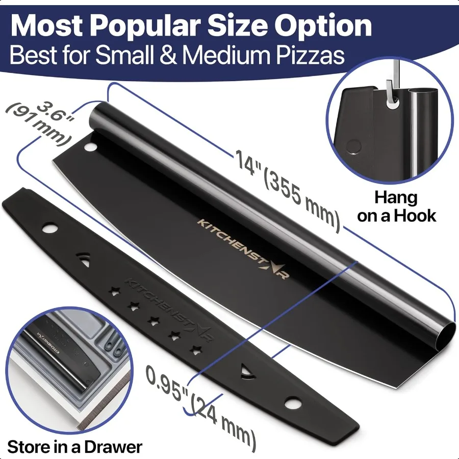 14Inch Pizza Cutter Rocker Blade Sharp Stainl Steel Slicer Knife Protective Cover Black Nonstick Large Profional Pizza Oven Acc